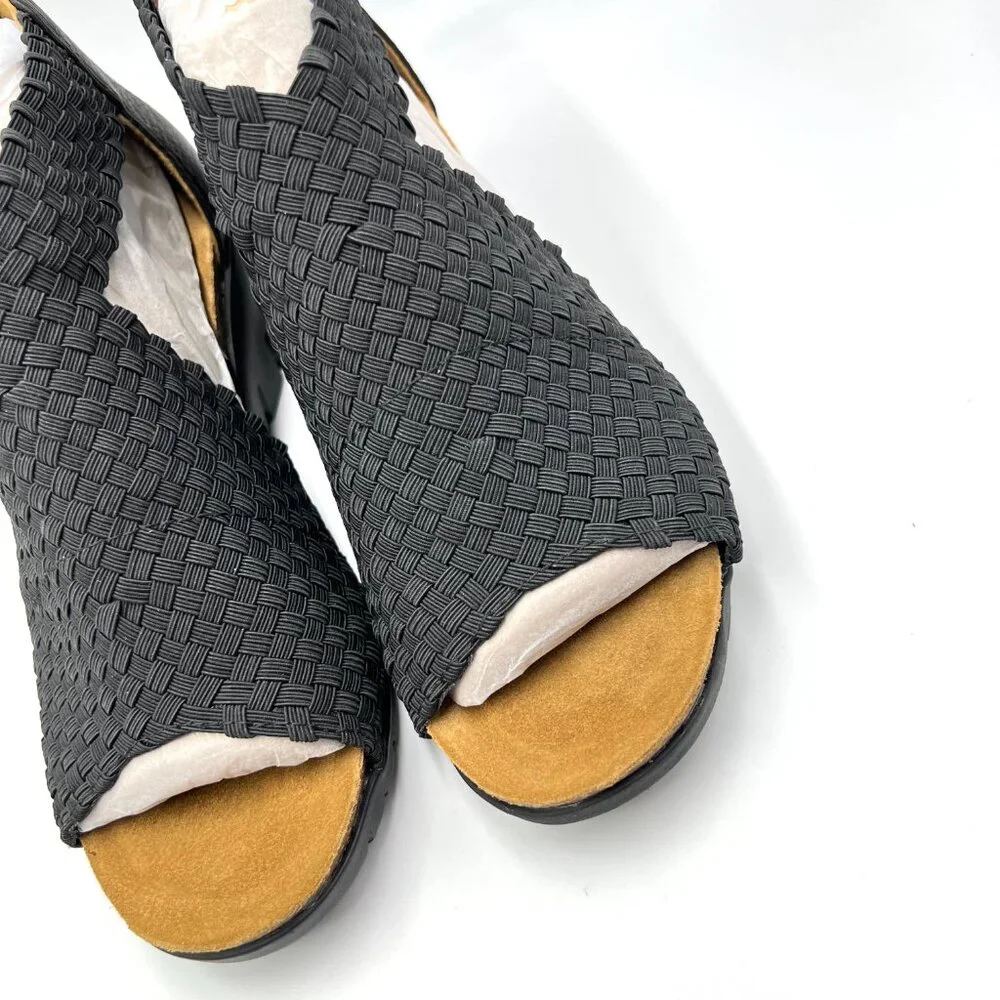 Comfortiva Womens Size‎ 6.5 Black Leather Textile Woven Wedges Sandals Shoes